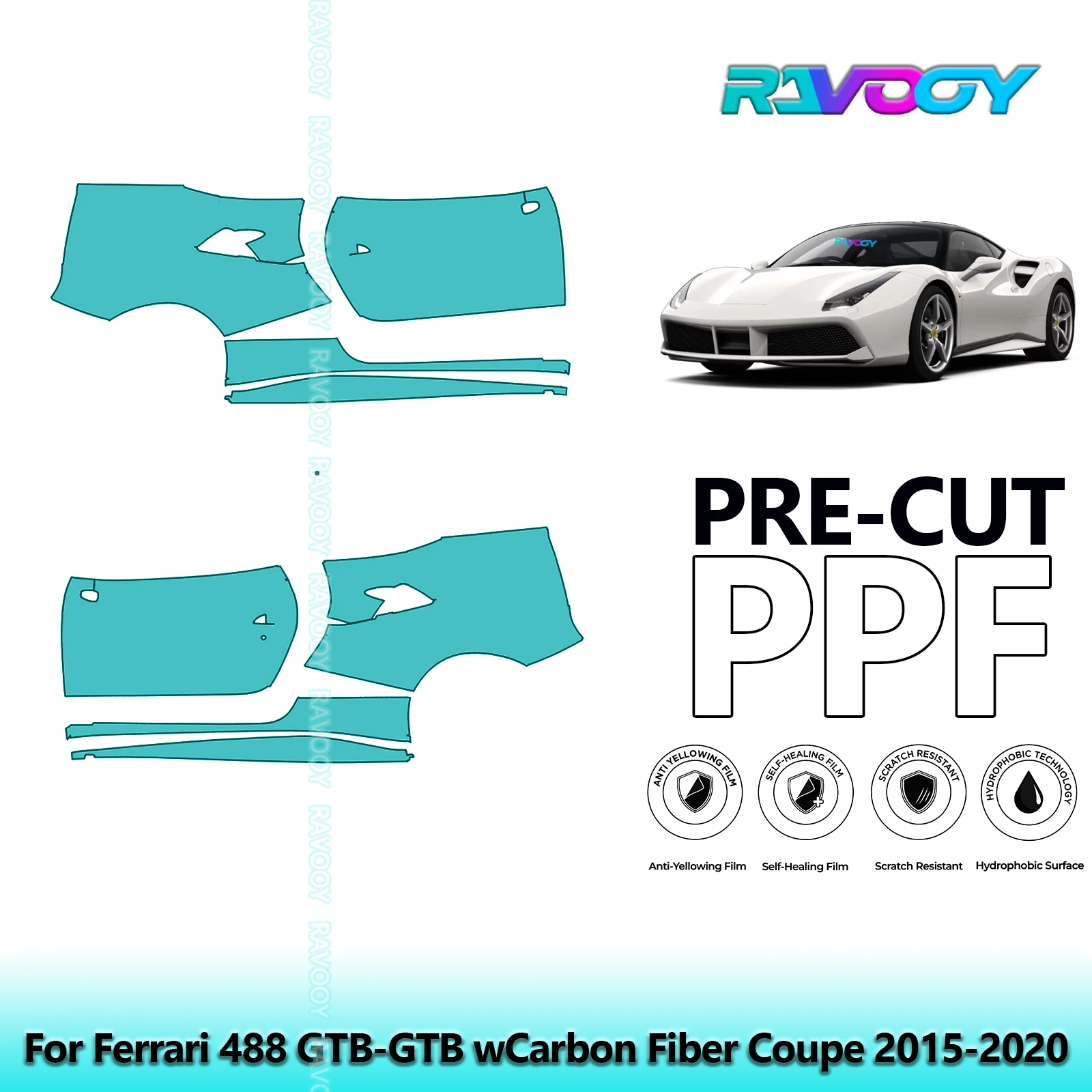 

For Ferrari 488 GTB-GTB wCarbon Fiber Coupe 2015-2020 8.5mil Pre-Cut PPF Door & A/B Pillar Kit TPU Paint Protection Film Set