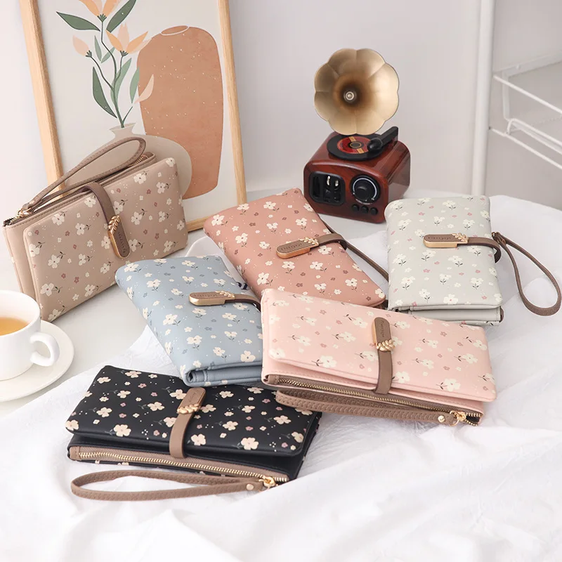 

Женский длинный кошелек из искусственной кожи, милая цветочная пряжка, портативный, многофункциональный, портативный для путешествий большой емкости