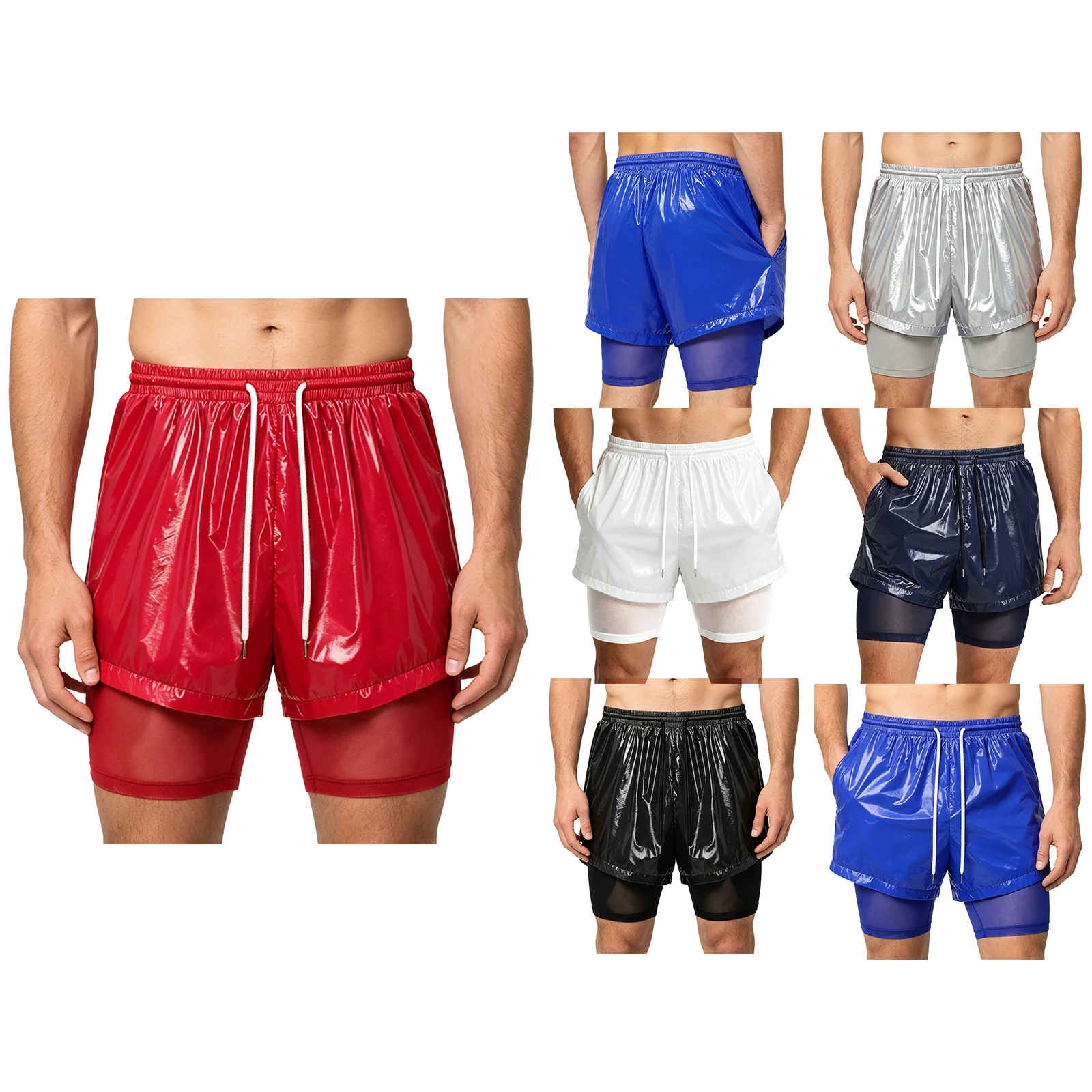 

Men 2-in-1 Sport Shorts Swim Trunks Drawstring Mesh Liner Waterproof Double Layer Shorts with Pockets for Fitness Swimming