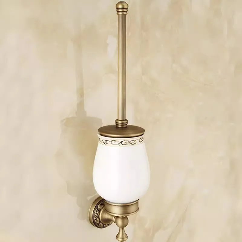 Tuqiu Antique Toilet Brush Holder with Brush Brass Bathroom Toilet Scrub Cleaning Brush Holder Set