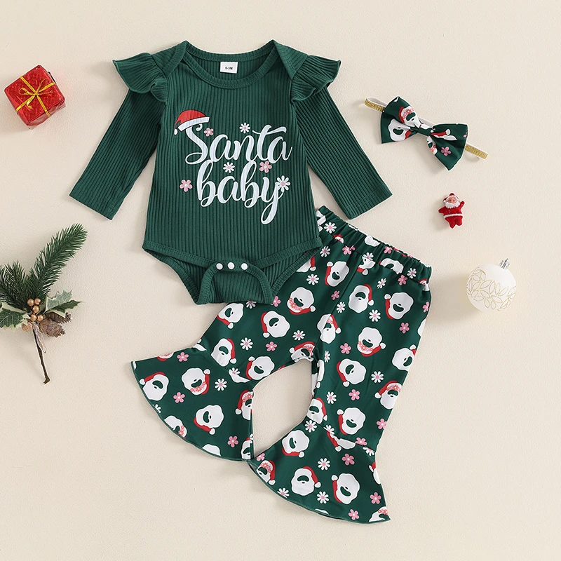 VISgogo 0-18Months Baby Girls Christmas Outfits Letter Print Long Sleeves Romper and Santa Flared Pants Headband 3 Piece Clothes