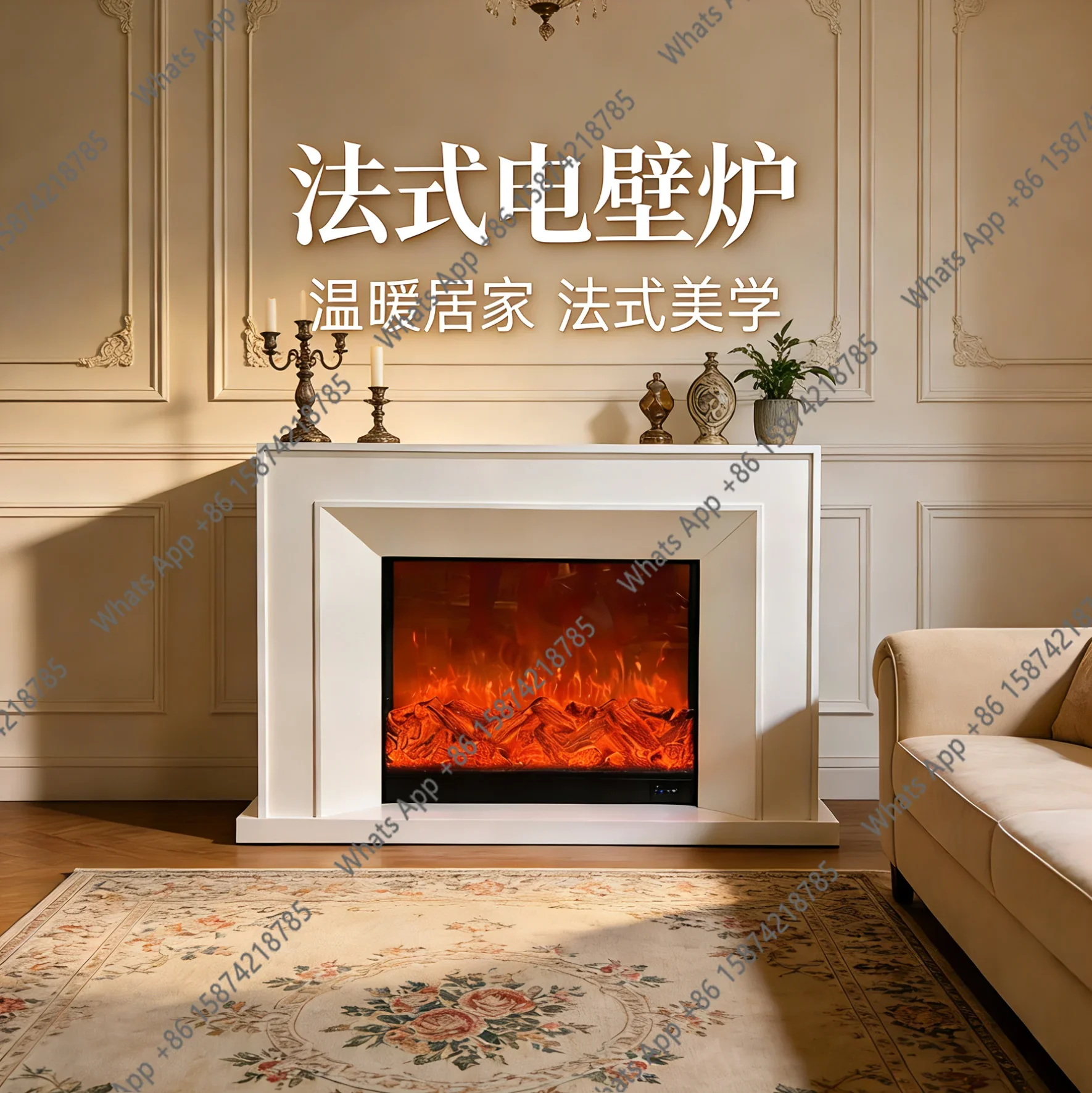 X25 Cream Wind White Solid Wood Fireplace French Living Room Decoration Electronic Simulation Flame Storage Porch Rack