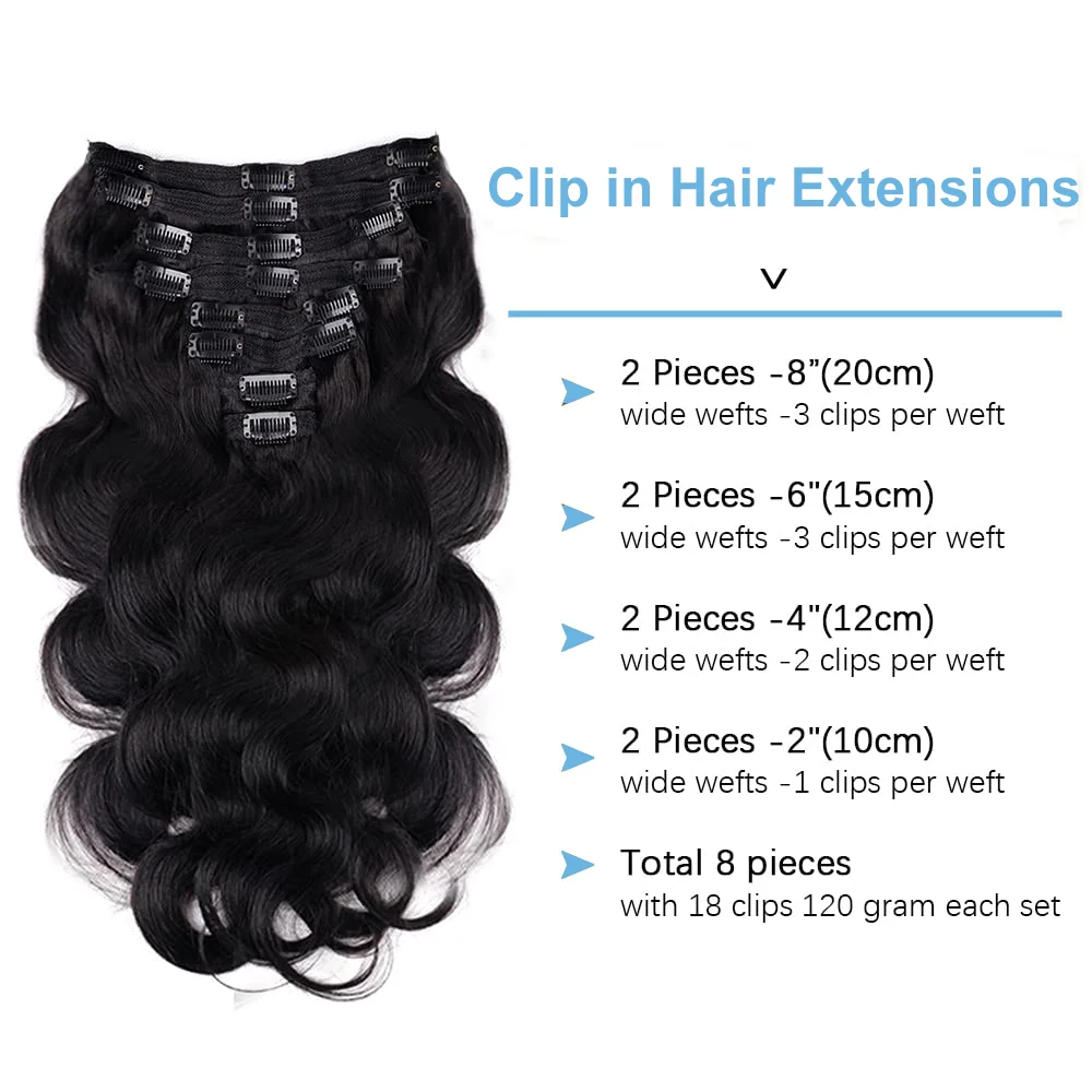 Brazilian Body Wave Clip em extensões, 100% Remy cabelo humano, cor natural, 1B Clip Ins, 12-26 polegadas, 120g, 8 PCs/Set