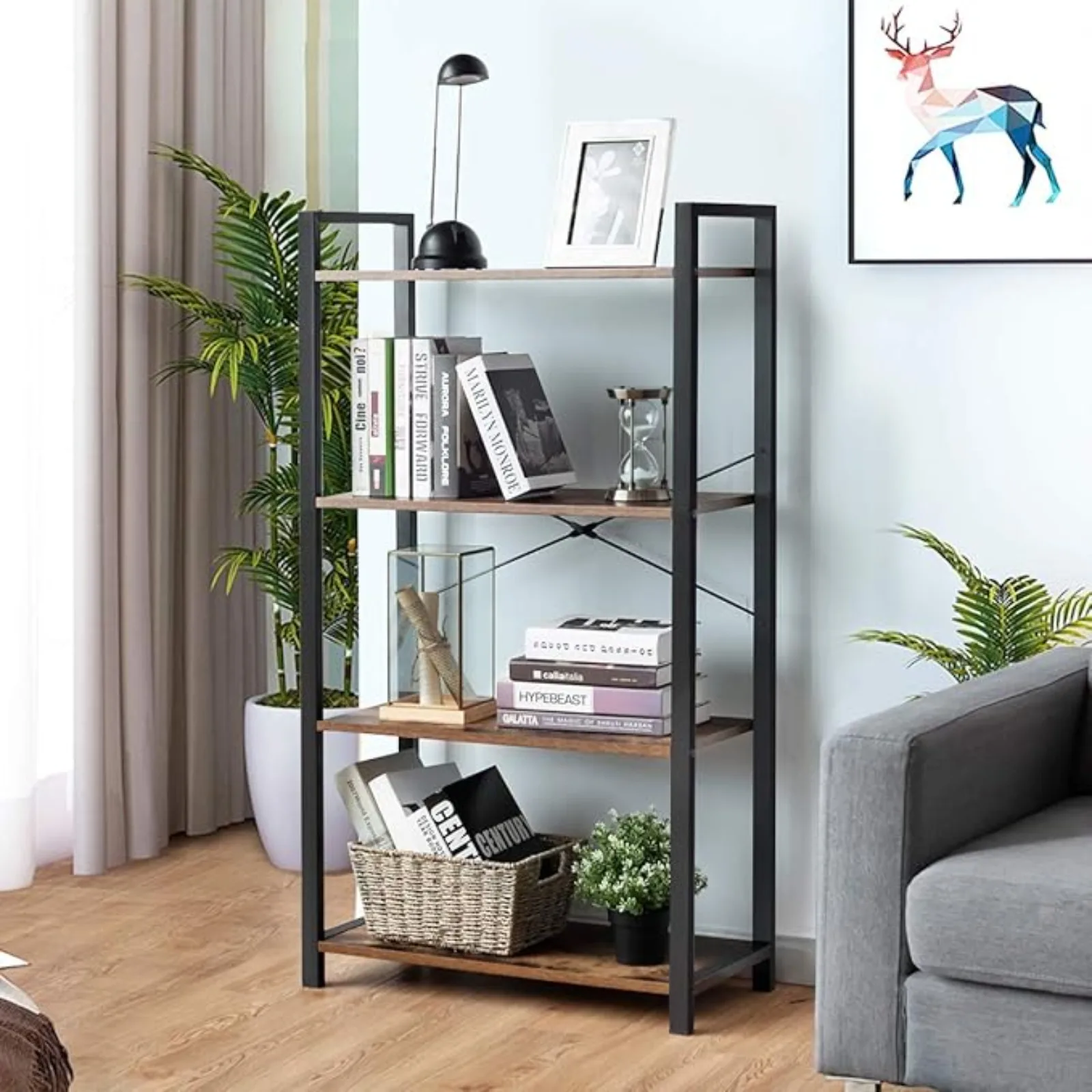 

4-Tier Bookshel, Industrial Bookcase Plant lower Stand, Home Oice Organizer, Storage and Display Rack, Shelving Unit with Metal
