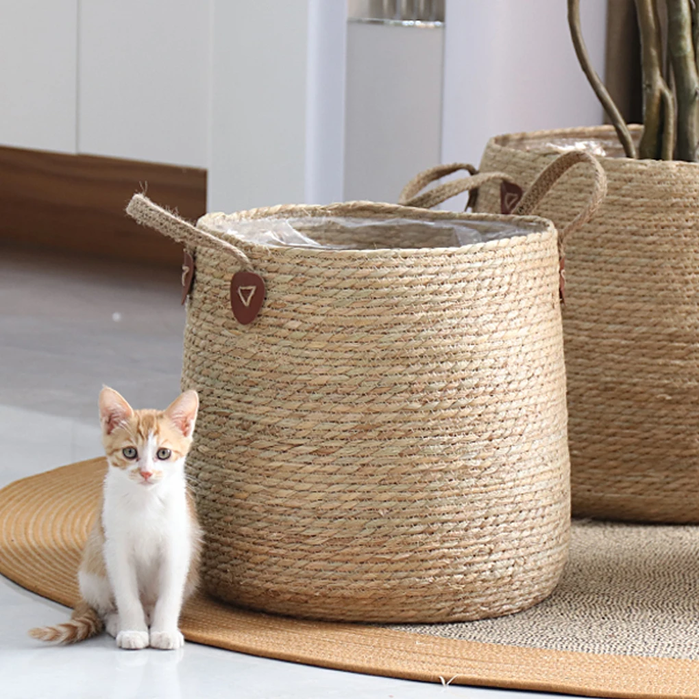 

Grass Woven Flower Basket Garden Pots Flower Basket with Handle Planter Holders Laundry Basket Sundries Toys Room Decoration