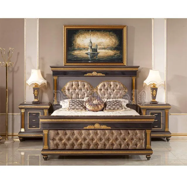 Modern Louis Bed Frame With Side Tables Solid Teak Wood Customizable Size Foldable Best Bedroom Furniture