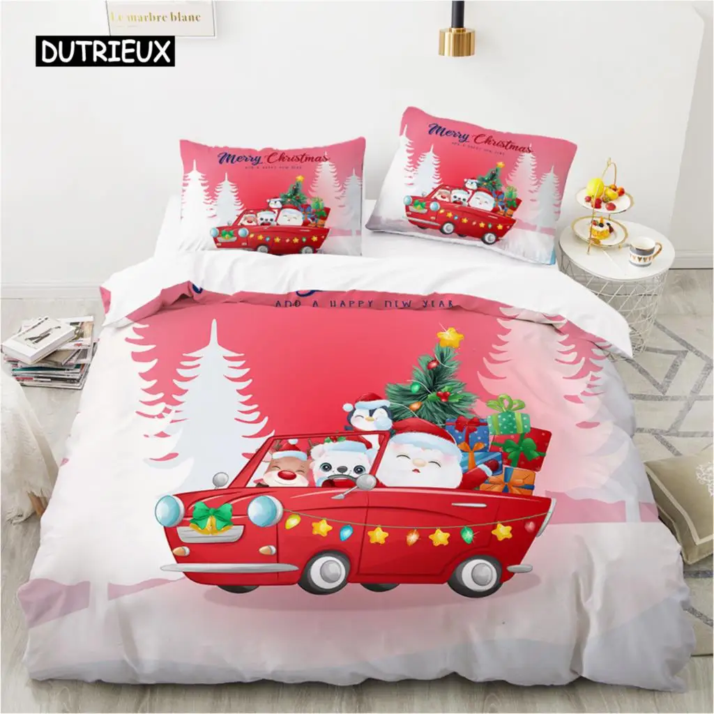 

Merry Christmas King Queen Duvet Red Cartoon Santa Car Animals Bedding Set for Children Boy Girl Happy Holiday Theme Quilt Cover