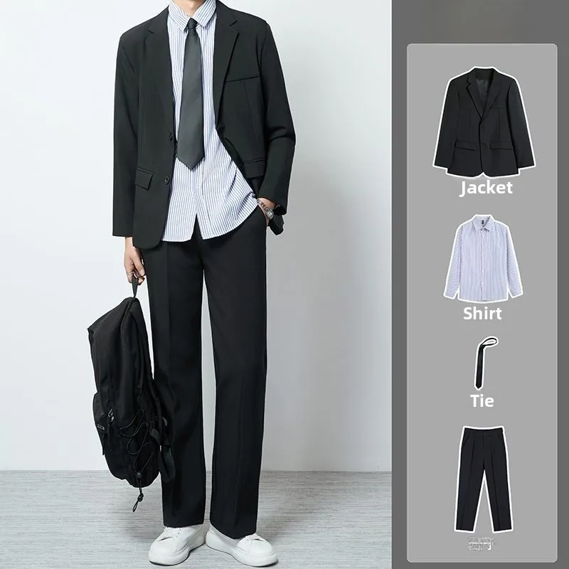 

Business Style Black Suit Set Men's Casual Fashionable Light Maturity Windbreaker Polyester Fiber Spring Autumn Season