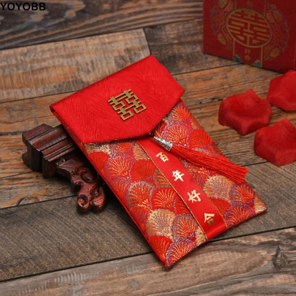 

New Year Blessing Words Brocade Red Envelope Brocade Cloth Tassel Spring Festival 2025 Money Pocket Best Wishes HongBao