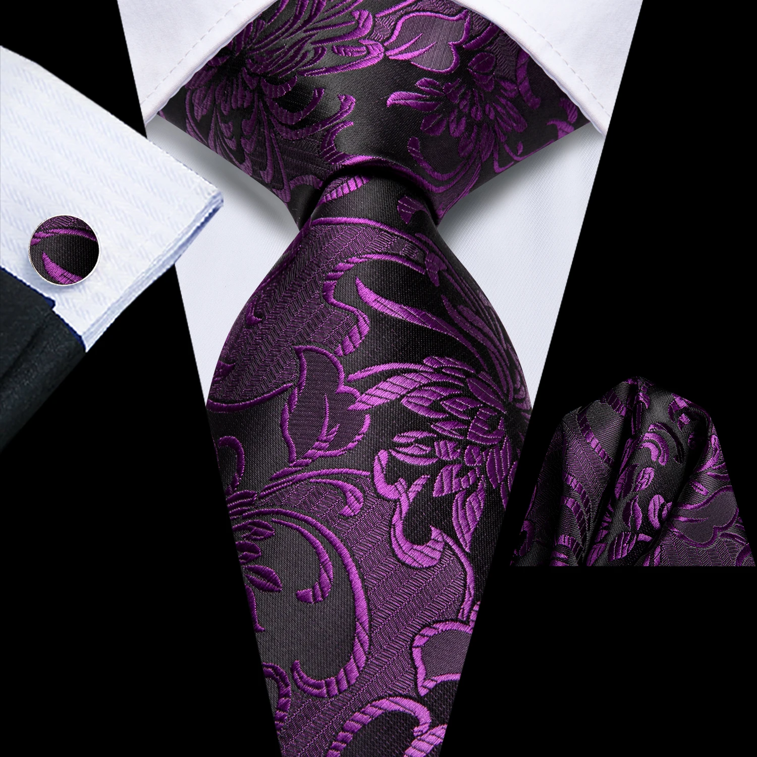 Hi-Tie Novelty Floral Purple Mens Elegant Necktie Handkerchief Cufflinks for Tuxedo Fashion Classic Silk Luxury Tie for Man