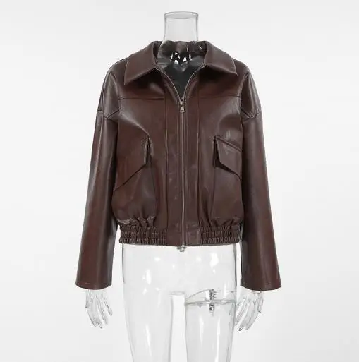 Winter Solid Color Pilot Jacket Retro Style Leather Jacket Women's Fashionable High Street Lapel Zipper Waist Leather Jacket