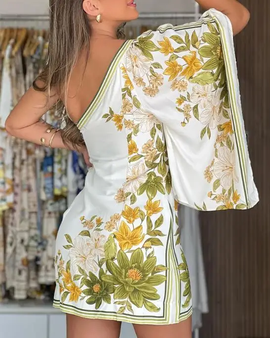 

Womens Dresses Floral Print One Shoulder Loose Long Sleeve Mini Dress Casual Contrast Striped Print Zipper Side Vacation Dress