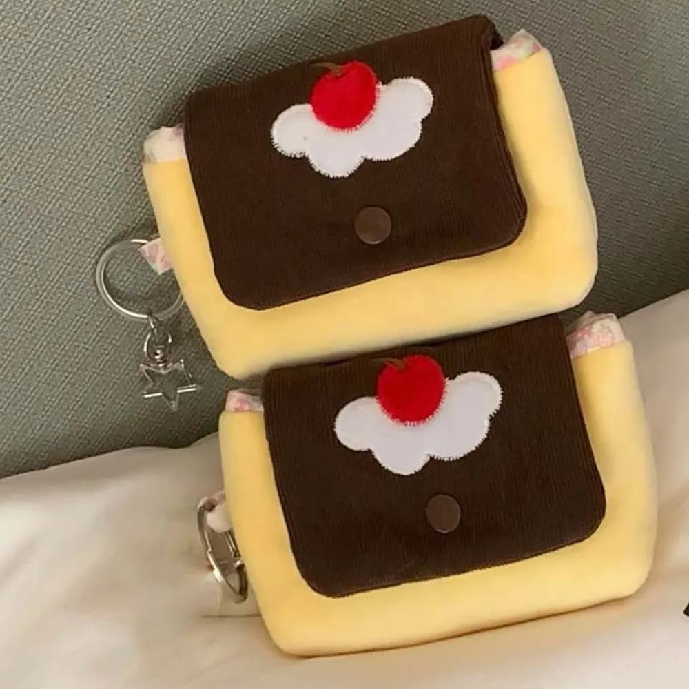 Cherry Pudding Design Coin Purse Corduroy Texture Soft Velvet Mini Pouch Wallet Contrast Color Stitching with Cake Key Chain