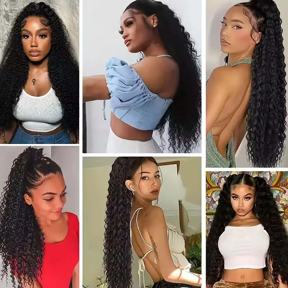 Ekstensi Rambut Manusia Model Kuncir Kuda Deep Wave 8-30 Inch dengan Tali Serut, 100% Rambut Manusia Remy Brasil untuk Wanita