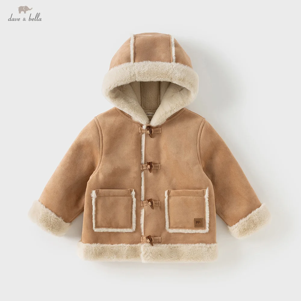 

Dave Bella Children's Suede Jacket Autumn Winter Boys' Hooded Thick Top Kids Casual Warm Coat Fashion Leather Jacket DB4254504
