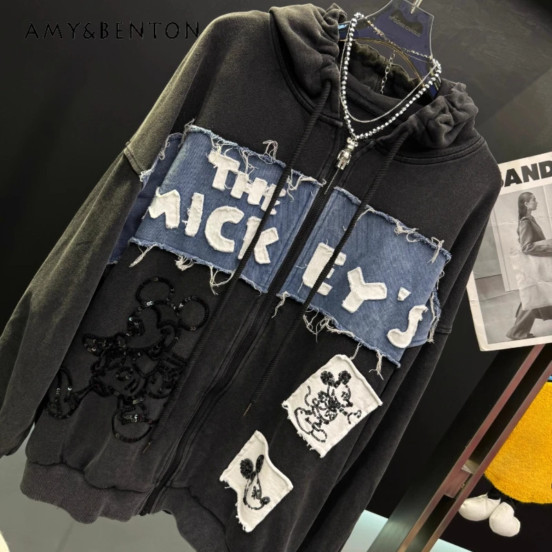 American Retro Patchwork Cartoon Sweatshirt Pullover Women's Loose Design Sense Jacket 2025 Autumn New Zipper Hoodies Outerwear