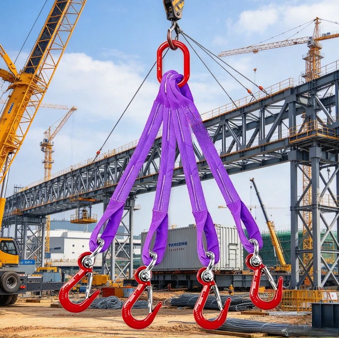 2 Ton Mesh Lifting Sling, Flat Webbing Sling with Hooks, 1/2/4 Leg Complete Set, Lifting Buckle for Mobile Crane