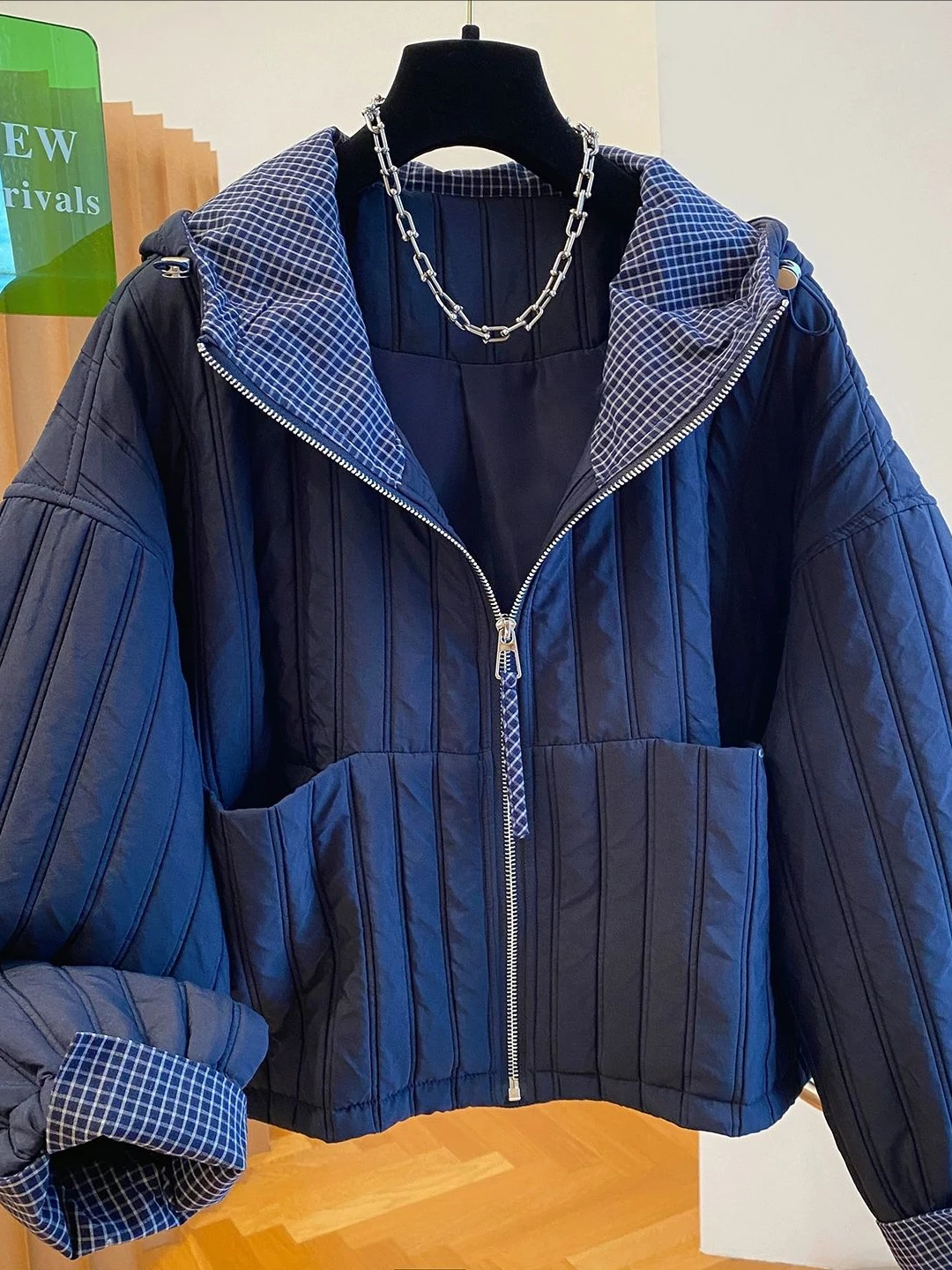 

Chic Design Spring Autumn Bubble Jaet with Hat Loose plus Size Women's Outerwear Casual Commute Sle Zipper ket Decor