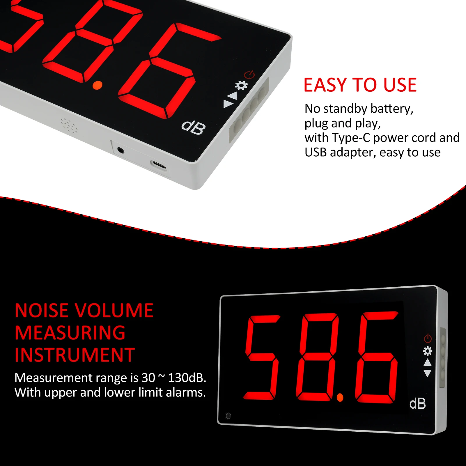 Digital Noise Meter Decibel Monitoring Tester Sound Level Meter LCD Screen Wall Mounted 30-130dB Measuring Range Sound Alarm