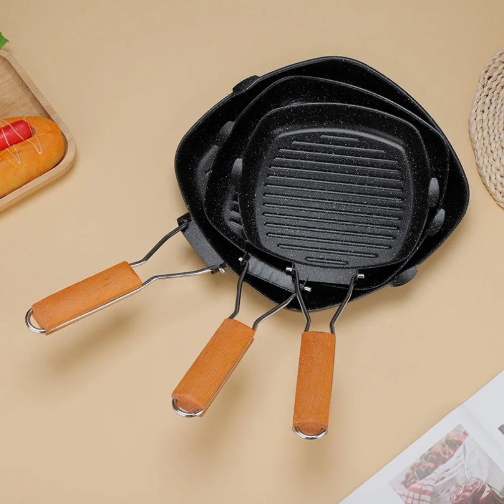 

Portable Hand Forging Cast Iron Pan Non Stick Uncoated Picnic Grill Pan Foldable Wooden Handl Steak Frying Pan Outdoor BBQ