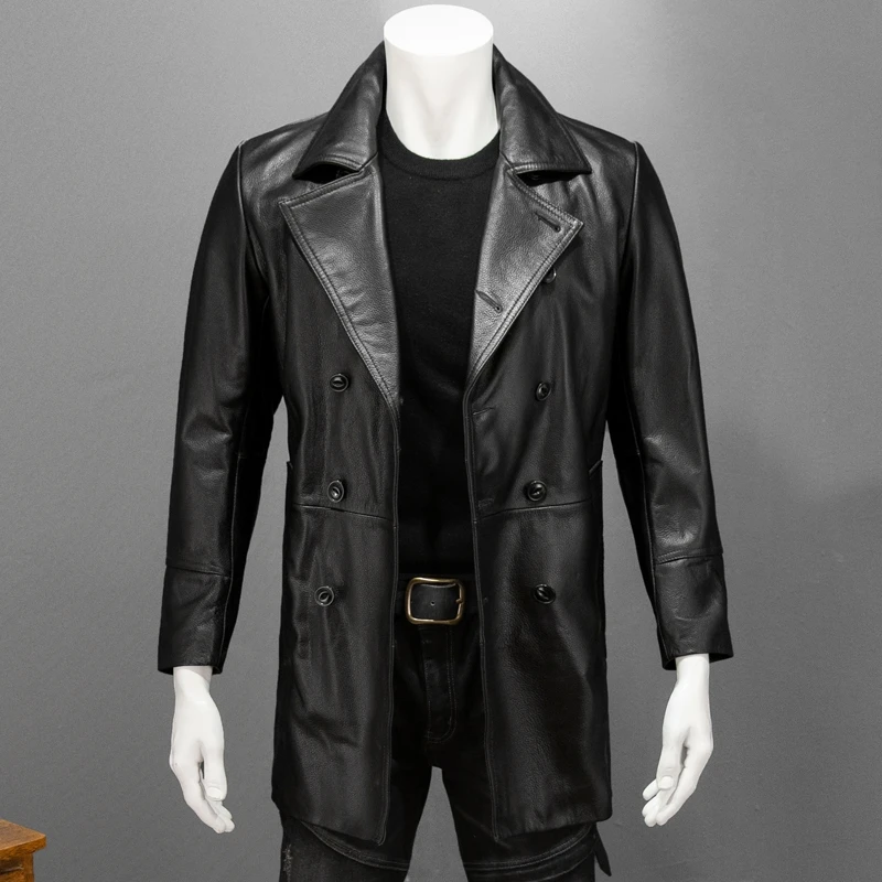 Black Long Autumn Leather Jacket Men England Style Plus Size 5XL Genuine Natural Cowhide Double Breasted Belt Windbreaker Coat