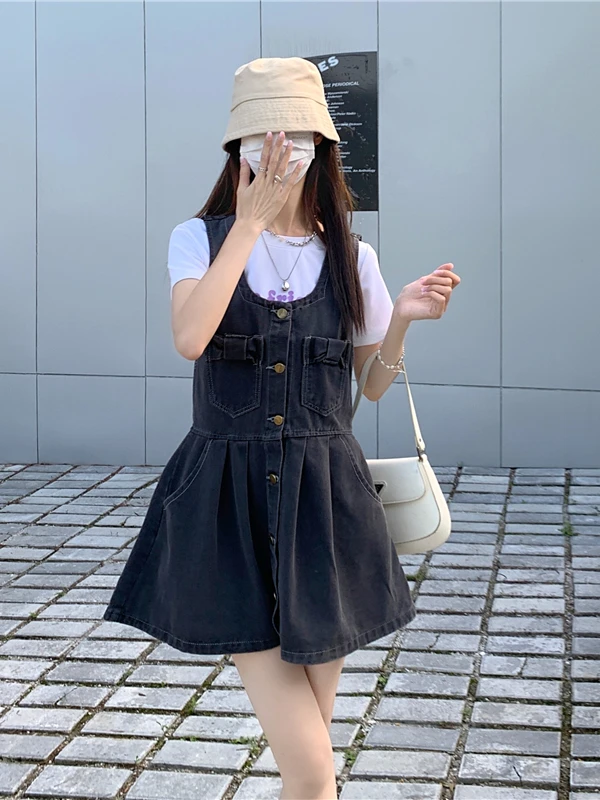 여름 얇은 데님 오버롤 여성용 하이웨이스트 A라인 드레스 스커트 슬림 효과 플러스 사이즈 출퇴근용