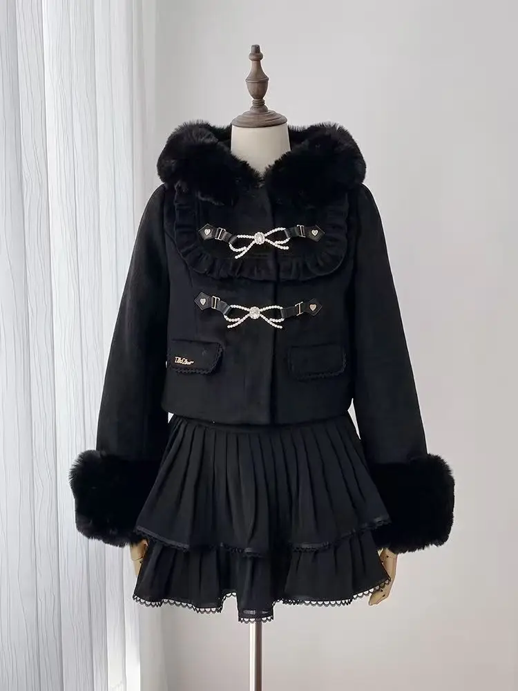 Japanese Sweet Kawaii Lolita Long Sleeve Woolen Cloth Coat Petite Women Winter Loose Fur Collar Bow Ruffle Cropped Jacket 2026