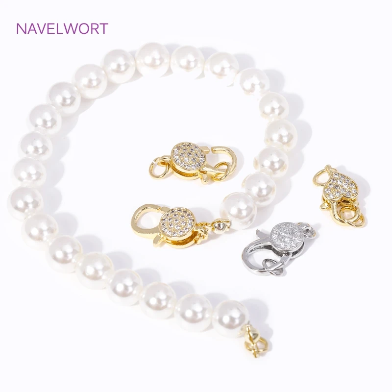 Fashion Inlaid Zircon Fasteners 18K Gold Plated Round/Heart Lobster Clasps with Open Ring For DIY Jewelry Making Accessories