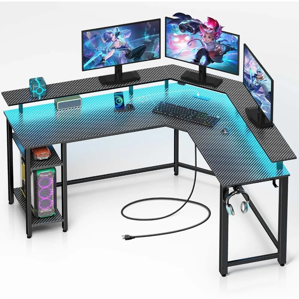 L-Shaped Gaming Desk with LED Lighting and Power Outlets, 46.2-inch Computer Desk featuring Full Monitor Stand and Storage Shelf