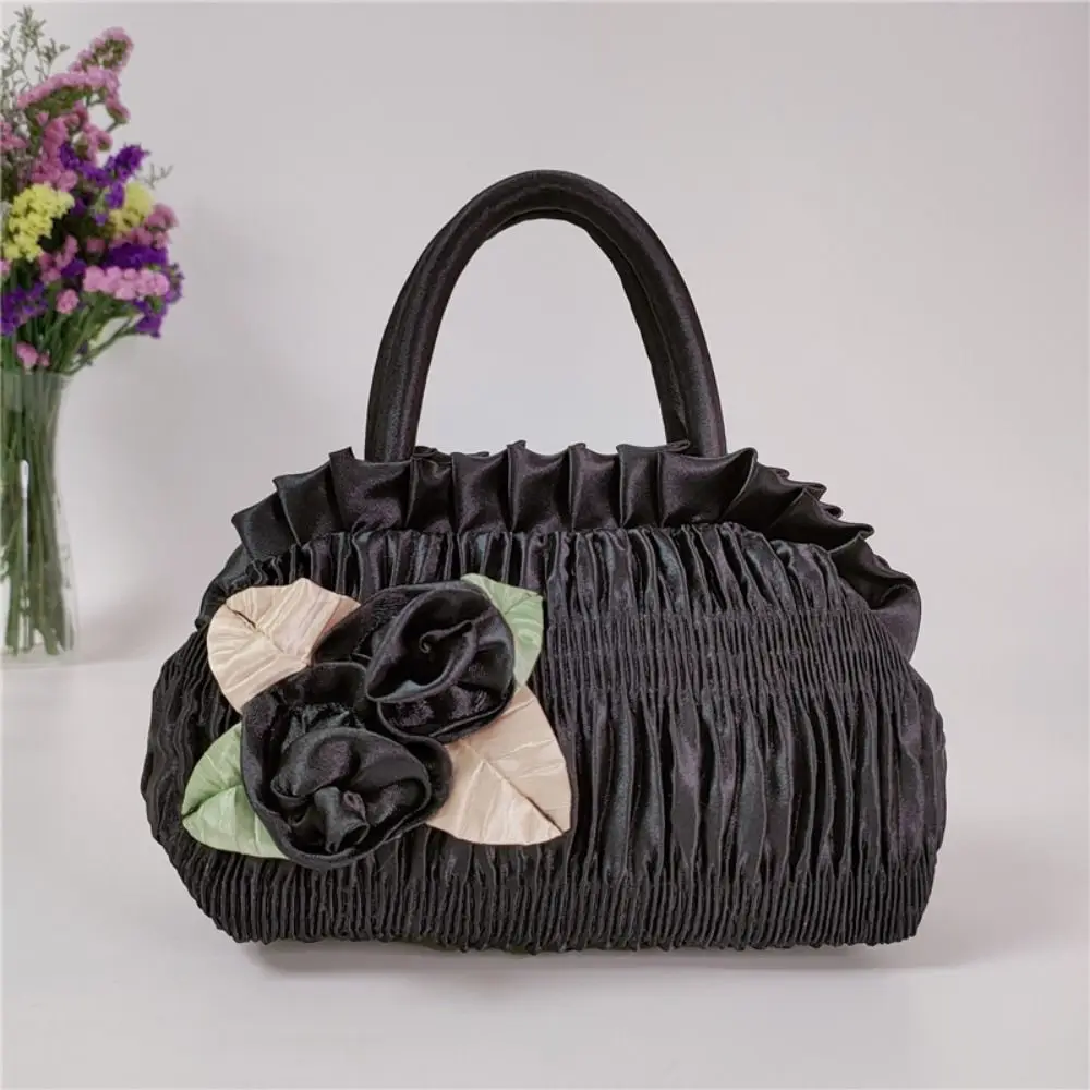 Leaf Hanfu Rose Flower Handbag Satin Silk Ruffle Zipper Flower Tote Bag Cosmetic Makeup Bag Mommy Bag Ethnic Style Wrist Bag