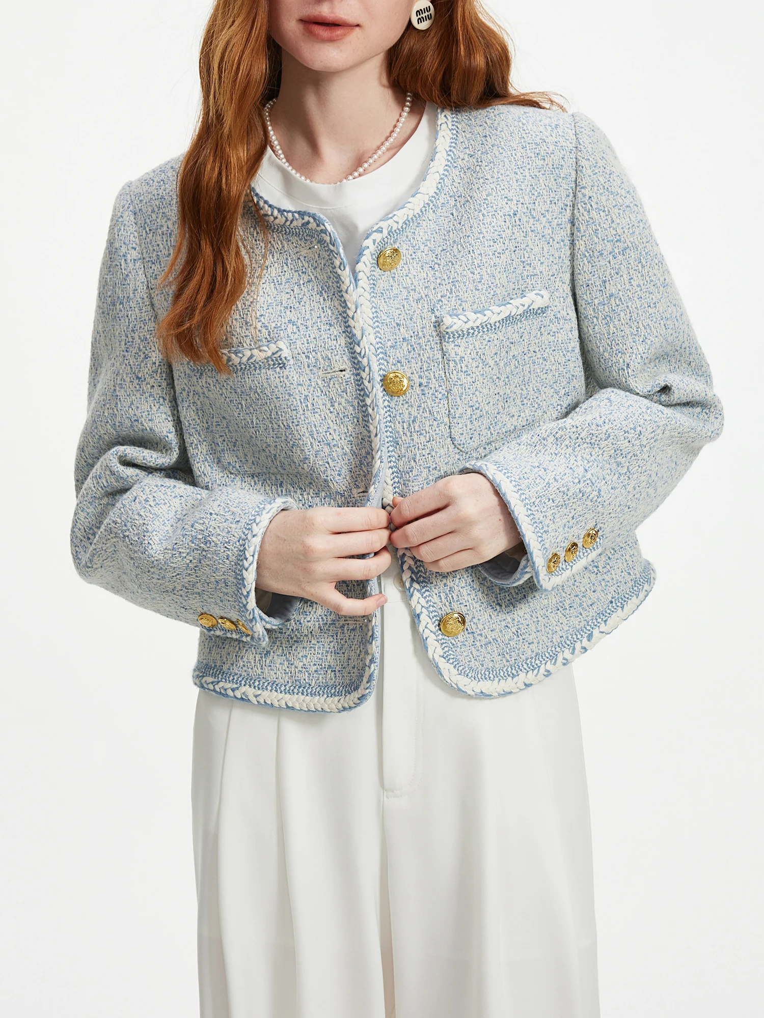 FSLE 17.4% Wool Women Tweed Jackets Round Neck Autumn Office Lady Short Blue Temperament Coat Female Tweed Coats 24FS13349