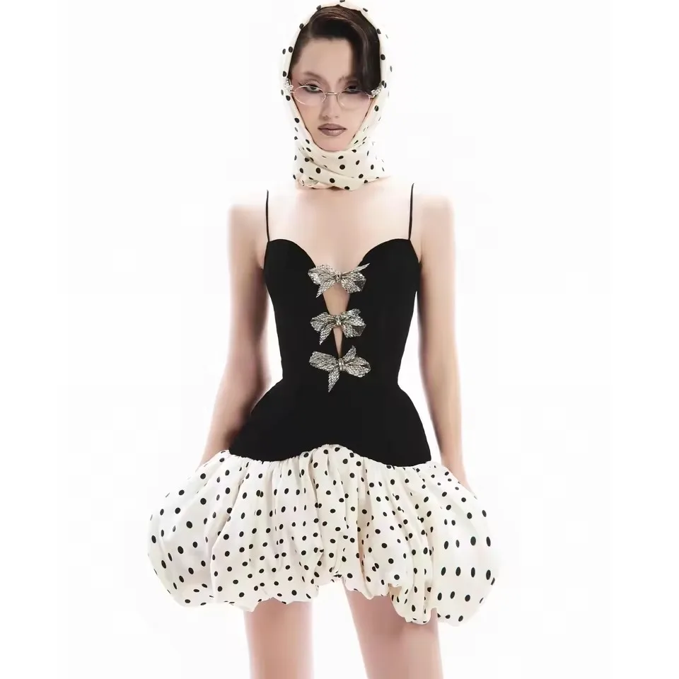 

2025 Chic Little Black Mini Dress Vestidos de fiesta Polka Dots Velvet Short Formal Party Dresses فساتين سهرة Gala Event Dress