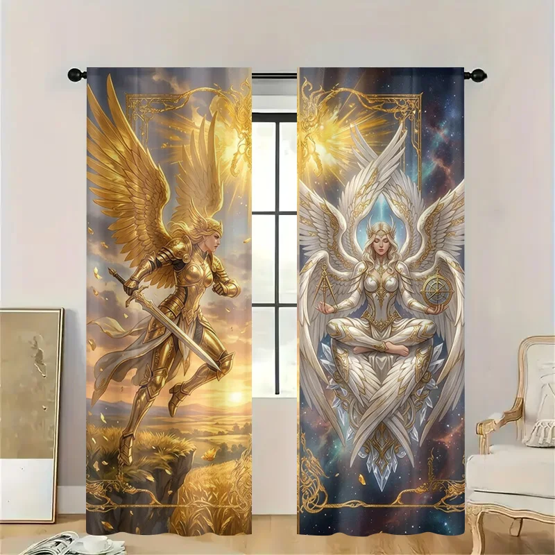 Decorative Fantasy Goddess Warrior Theme Curtain Semi Sheer Drapes Panel for Bathroom Kitchen Living Room Golden Mythology Windo
