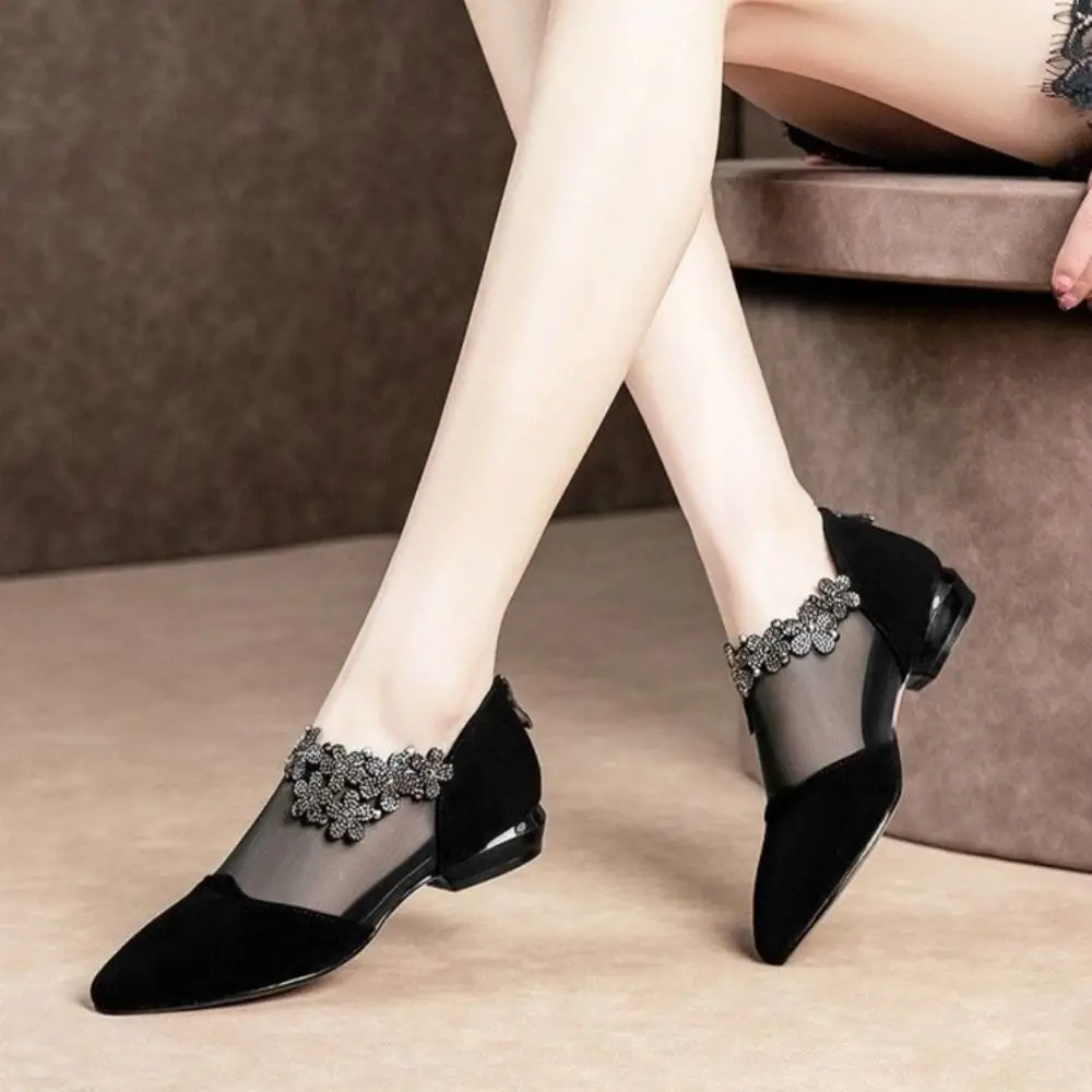 

Fashion Water Design Pointed Shoes Coarse Heel Bright Drill Fashion Sandals Pointed Toe Single Shoes Mesh Boots Women's Shoes