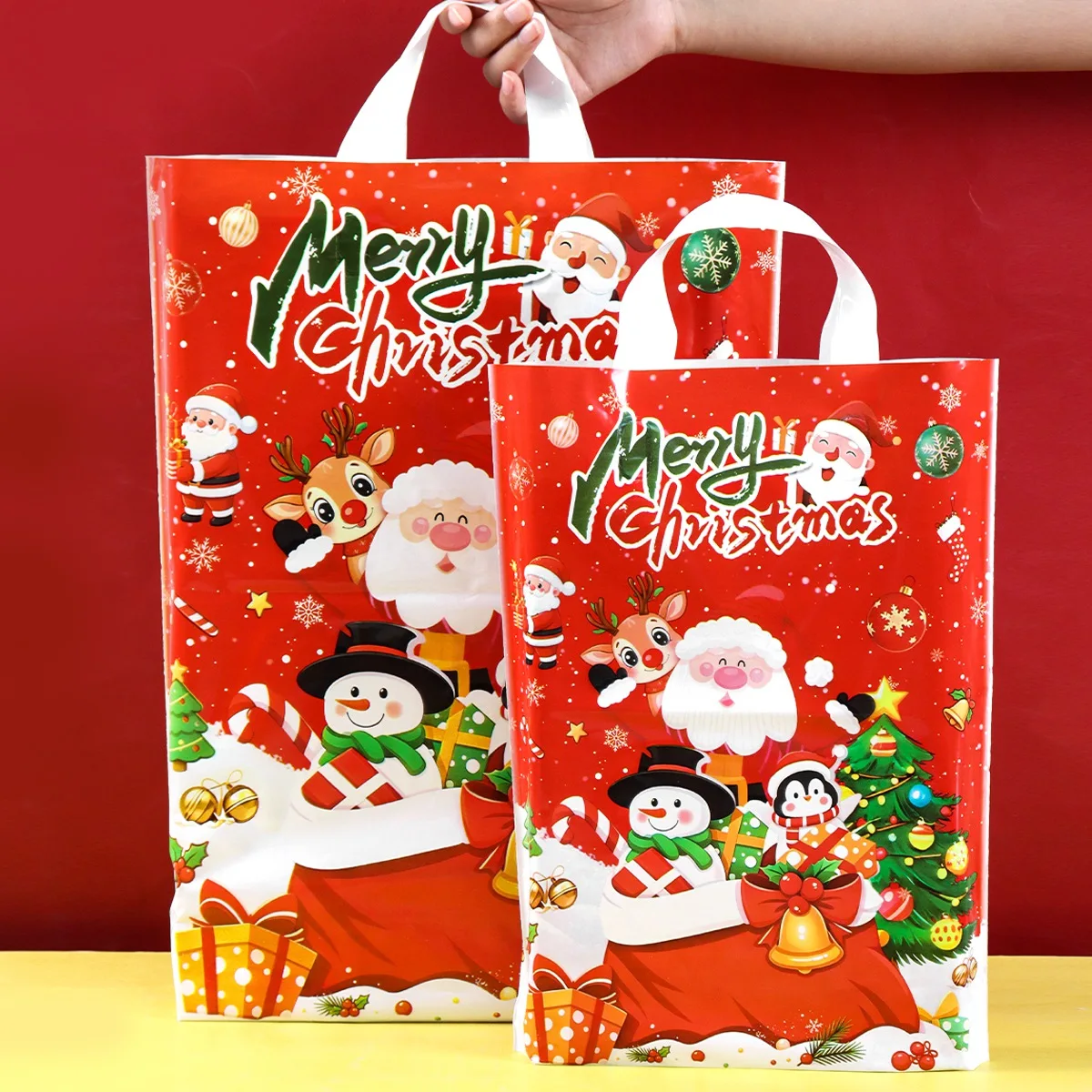 6pcs Merry Christmas Gift Bags Santa Claus Snowman Tote Bags Gift Packaging Bags for Shopping New Year Christmas Decorations