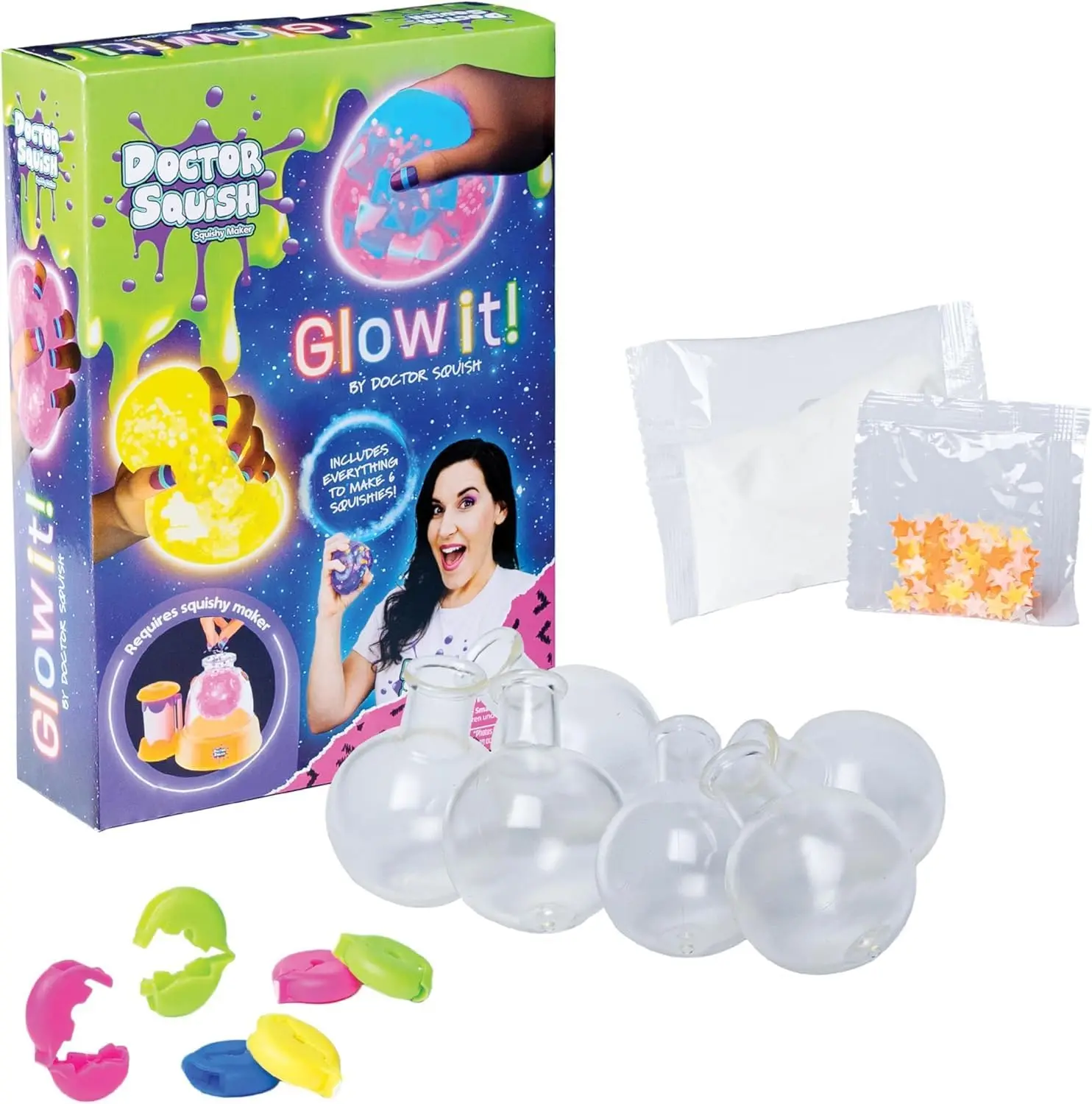 Neon DIY Squishy Maker Refill Pack with Glow in the Dark Sparkles & Slime Powder, 6 TPR Balloons and Clips for Ages 8+