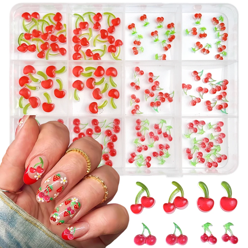 1Box Creative Simulated Resin Cherry Series Nail Charms Kawaii Dark Red Double Cherry Nail Art Decorations DIY Hairpin Nail Sets