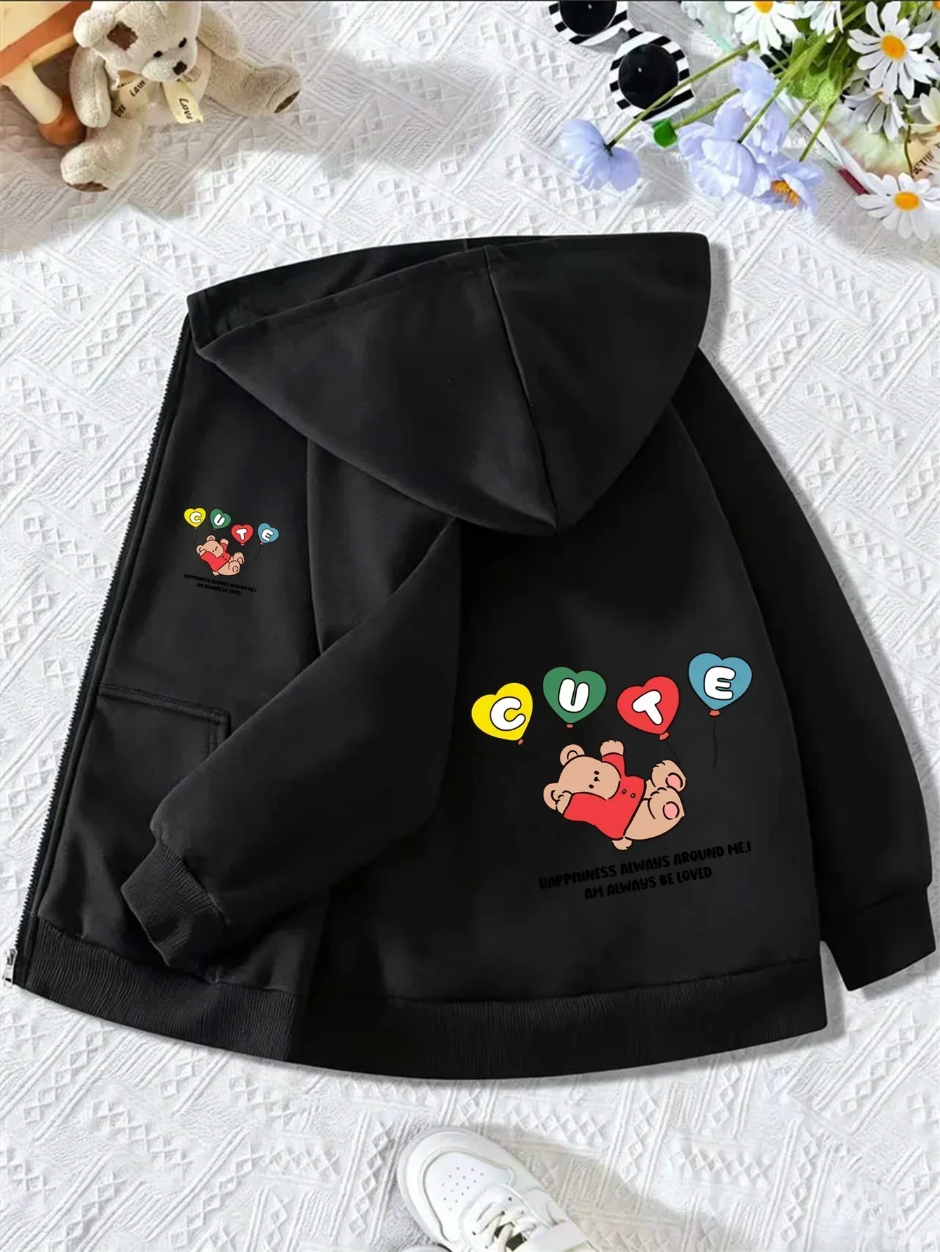 Lovely Bear Heart Balloon Graphic Kids Gray Zip Hoodie Happiness Text Design Long Sleeve Soft Casual Daily Hooded Coat