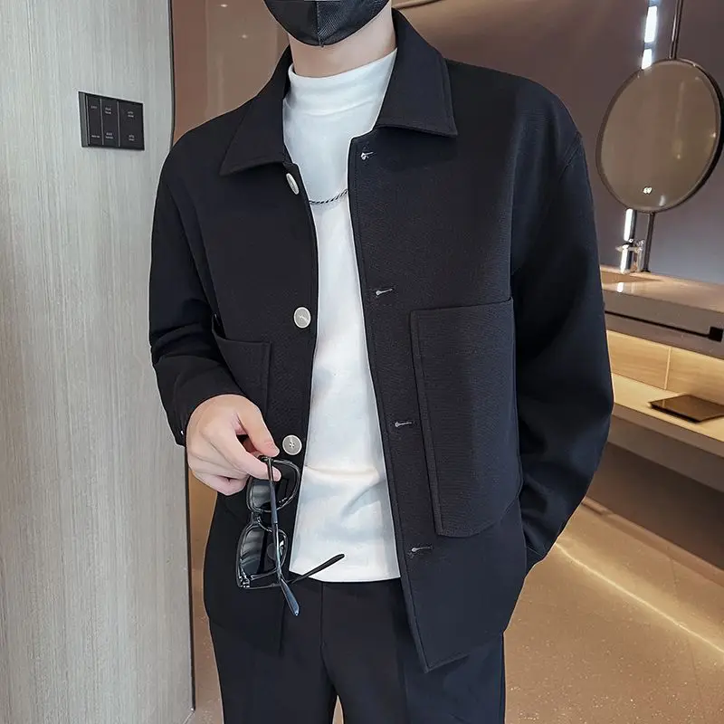 Autumn Winter New Fashion Turn-down Collar Long Sleeve Whisper Solid Jackets Men\'s Clothing Pocket Casual All-match Button Tops