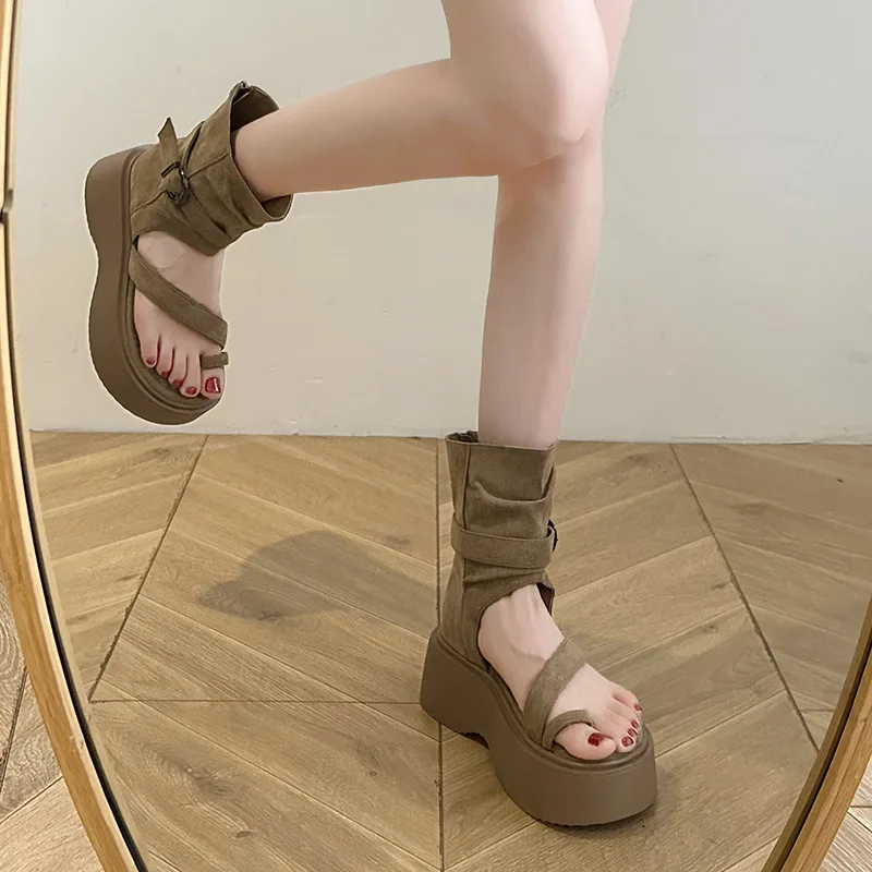 Dark Gothic Hollow Sandals Women Thick Sole Metal Buckle Punk Style Spice Single Shoes Chunky Heel Platform Cross Tied Sandalias