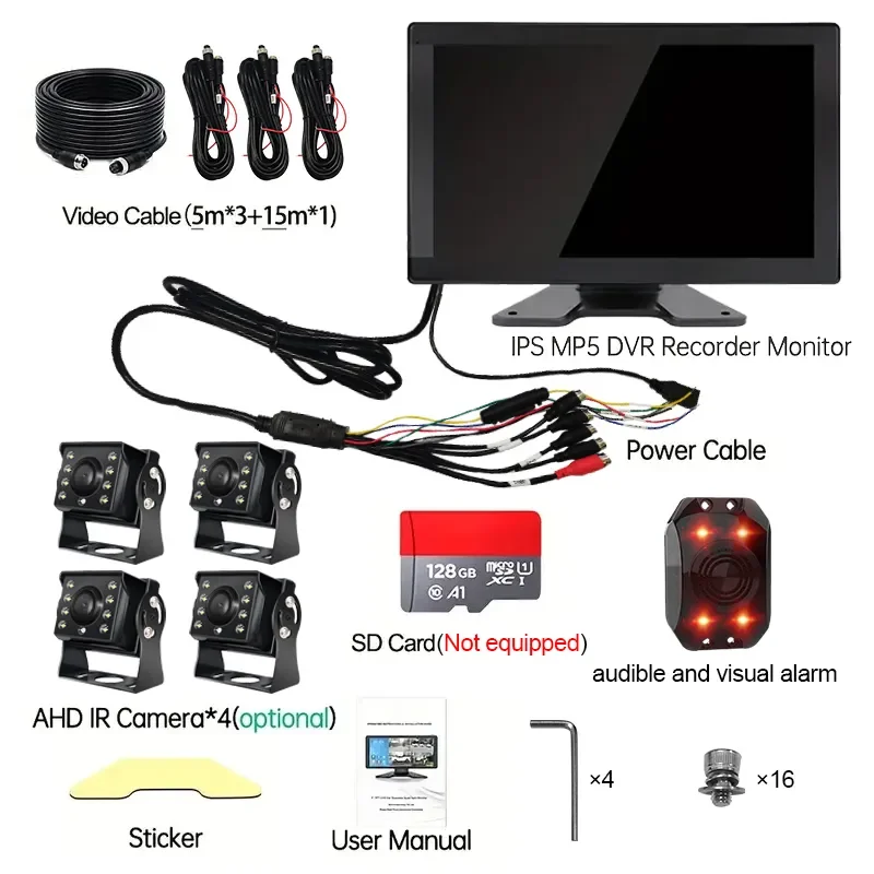 PZ 10.1 Inch Rear View Adjustable Blind Area Alarm System 4K Touch Screen Display With 4 Cameras MP5 Player DVR Recorder
