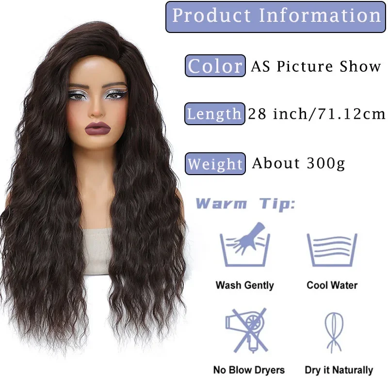 Long Curly Hair Wigs for Women 28 Inch Black Water Wave Free Part Wig Synthetic Heat Resistant Fiber Wave Wig Cosplay Daily Use