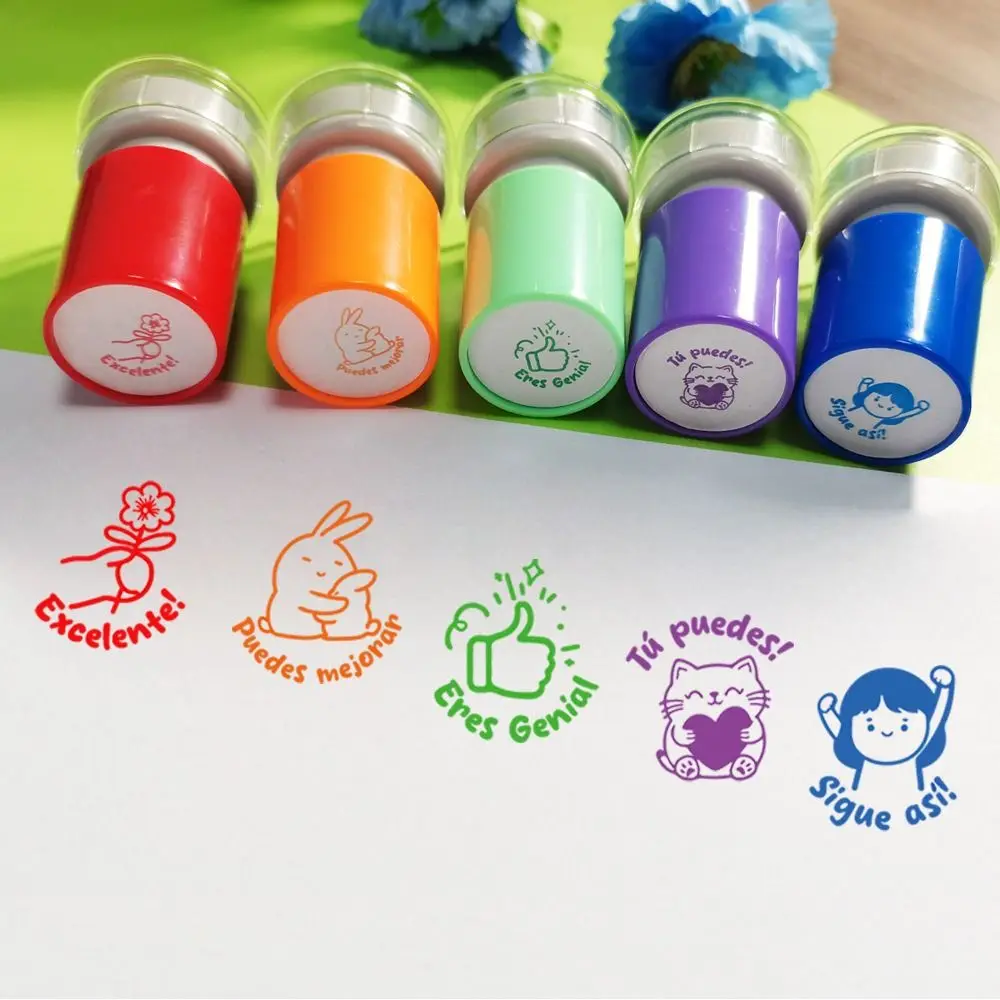 

5Pcs Set Award Teacher Seal Stamp Cute Animals Encourage Students Spanish Seal Durable Praise Homework Correcting Stationery
