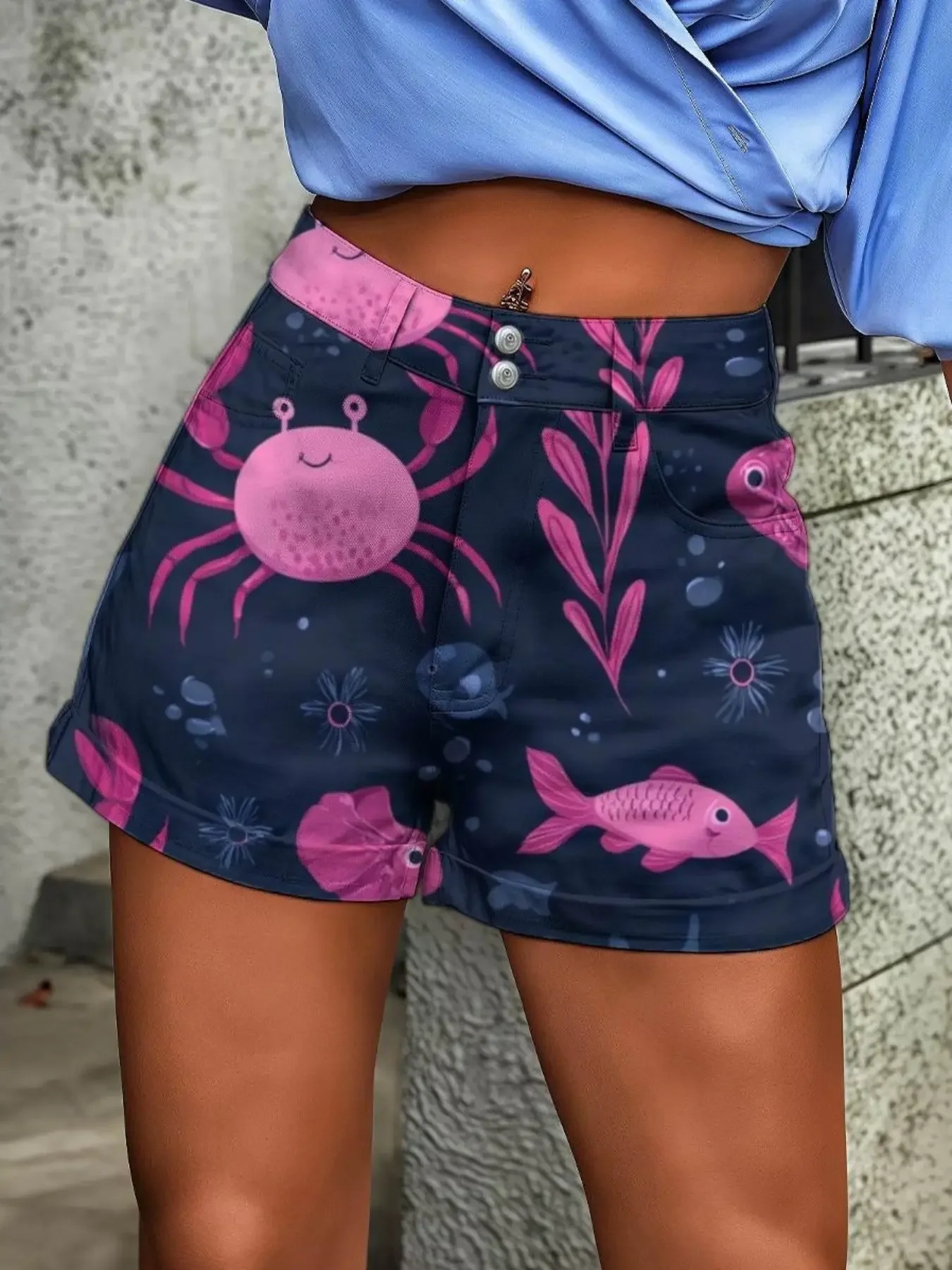 Women's new retro tropical floral graffiti tropical print imitation denim shorts - Brown checkered pattern pants