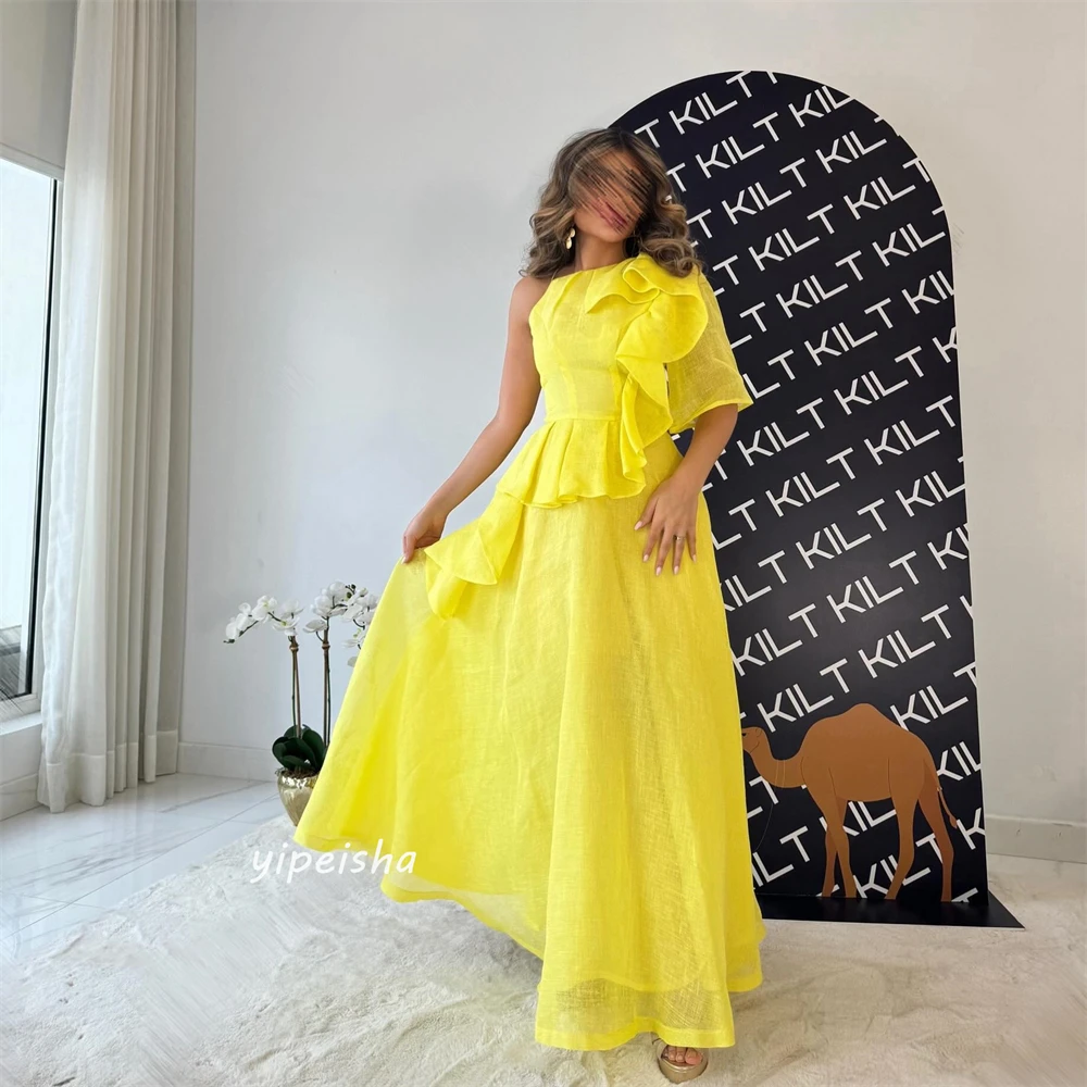 Jiayigong  Satin Ruffles Draped Birthday A-line Jewel Bespoke Occasion Gown Long Sleeve Dresses