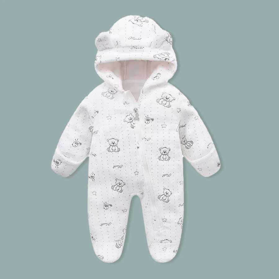 AYNIGIELL Newborn Baby Girl Hooded Jumpsuit Cartoon Cotton Baby Boy Crawling Suit Warm Baby Clothing for Autumn and Winter