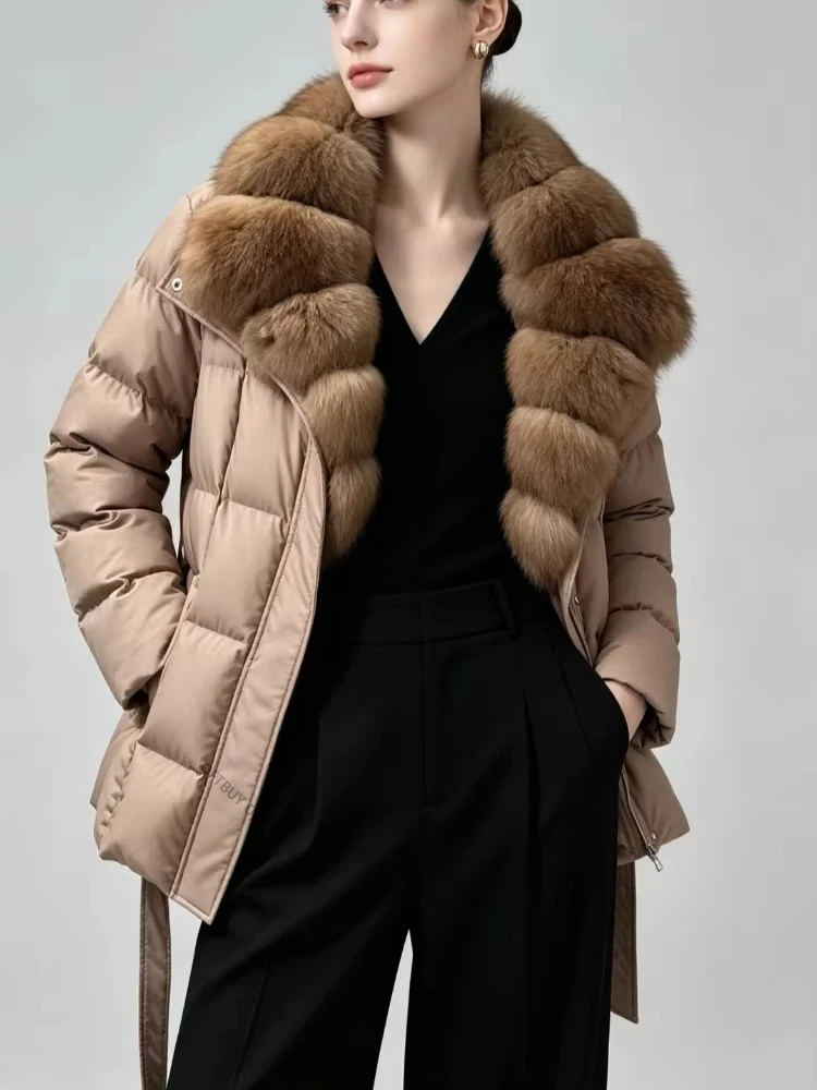 Women's Fur Collar Coat Belted Short Fur Jacket Warm Protection Elegant Fashion Thermal Sophisticated Winter Coat for Travel