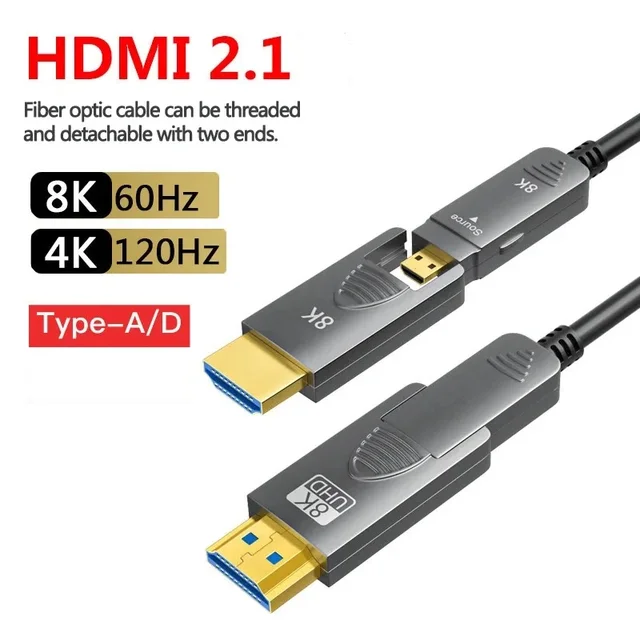 8K HDMI 2.1 odłączany kabel światłowodowy typu A + typ D HDMI aktywny 8K @ 60Hz 4K @ 120Hz 48Gbps 15m 20m 50m dla RTX 4070/4090