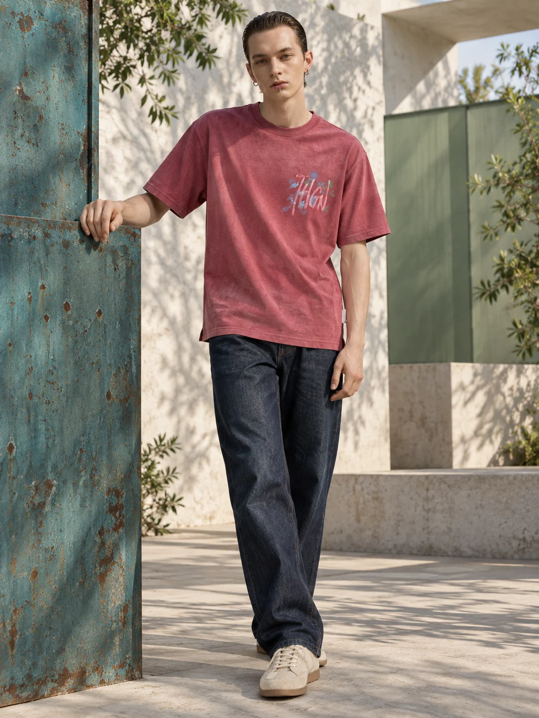 MAZZONNE Men's Red Washed T-Shirt, Front Letter Graphic Back Floral Graffiti, Cotton Blend Short Sleeve Crew Neck Streetwear