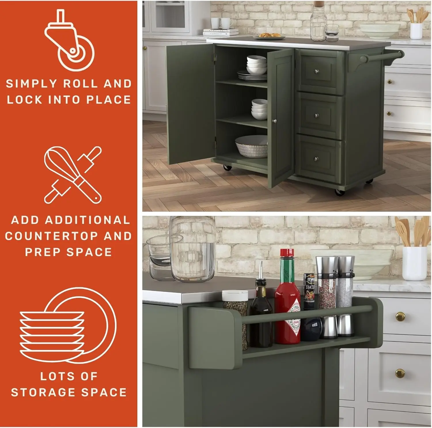 

Mobile Kitchen Island Cart with Stainless Steel Top, Sage Green